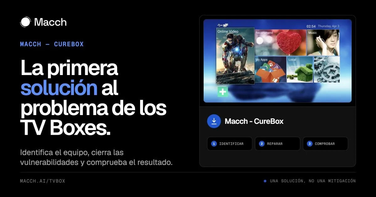 Portada de CureBox con la pantalla de inicio de Iron Man de la TV Box y las etapas identificar, reparar y comprobar.